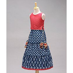 Babyhug Sleeveless Choli & Lehenga Set With Dupatta Ethnic Print - Red Blue