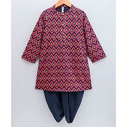 Babyhug Full Sleeves Kurta Dhoti Set Printed - Red Navy Blue