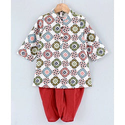 Babyhug Full Sleeves Printed Kurta and Dhoti Set - Off White Red