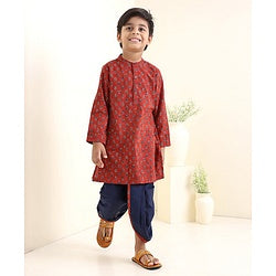 Babyhug Full Sleeves Cotton Kurta Dhoti Set Printed - Maroon