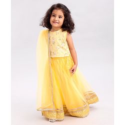 Babyhug Sleeveless Choli & Lehenga Set With Dupatta Floral Embroidery - Yellow