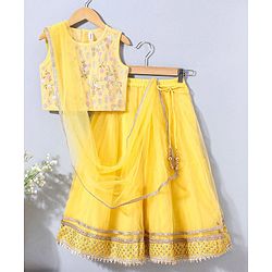 Babyhug Sleeveless Choli & Lehenga Set With Dupatta Floral Embroidery - Yellow