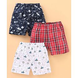 Babyhug Knee Length Cotton Quick Dry Boxers Check Submarine And Space Print Pack Of 3 - Blue Red White