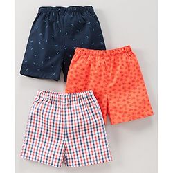 Babyhug Knee Length Cotton Boxer Check Pattern And Cycle Print Pack Of 3 - Blue White Red Orange