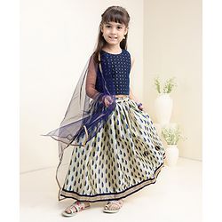 Babyhug Sleeveless Embroidered Choli Lehenga and Dupatta Set All Over Printed - Royal Blue Cream - 18-24m Off White/Cream