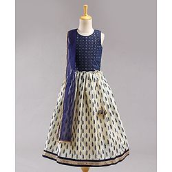 Babyhug Sleeveless Embroidered Choli Lehenga and Dupatta Set All Over Printed - Royal Blue Cream - 18-24m Off White/Cream