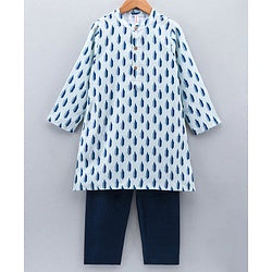 Babyhug Full Sleeves Cotton Kurta & Pyjama Set Printed - Navy Blue