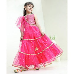 Babyhug Sleeveless Embellished Choli Lehenga and Dupatta Set with Beads Floral Embroidery - Pink