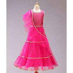 Babyhug Sleeveless Embellished Choli Lehenga and Dupatta Set with Beads Floral Embroidery - Pink