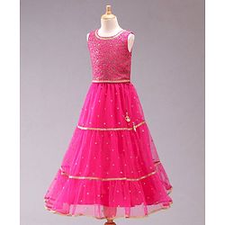 Babyhug Sleeveless Embellished Choli Lehenga and Dupatta Set with Beads Floral Embroidery - Pink