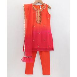 Babyhug Sleeveless Kurti Churidar Set with Dupatta Sequin- Red