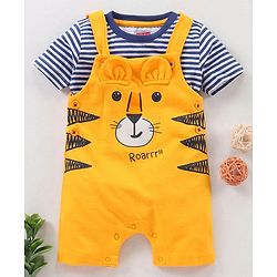 Babyhug Half Sleeves T-Shirt & Dungaree Set Striped & Tiger Print & Applique - Blue Yellow