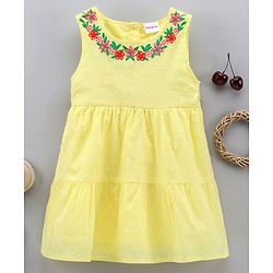 Babyhug 100% Cotton Sleeveless Tiered Frock with Swiss Dot & Floral Embroidery - Yellow
