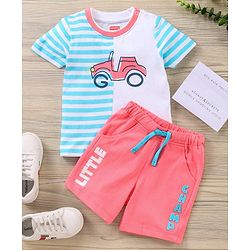Babyhug Half Sleeves T-Shirt & Shorts Stripes & Car Print - White Pink