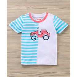 Babyhug Half Sleeves T-Shirt & Shorts Stripes & Car Print - White Pink