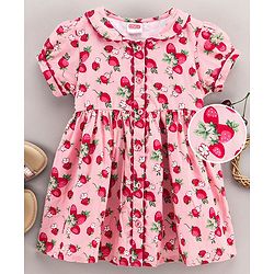 Babyhug Half Sleeves Frock Strawberry Print - Pink