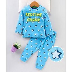 Babyhug Full Sleeves Pyjama Set Text & Star Print - Blue
