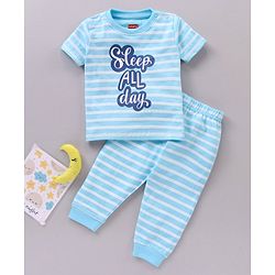 Babyhug Half Sleeves Striped Night Suit Text Print - Blue