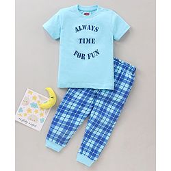 Babyhug Half Sleeves Pyjama Set Checks & Text Print- Blue