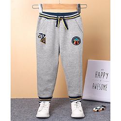 Babyhug Full Length Cotton Ribbed Waist Lounge Pant with Badges - Grey