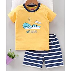 Babyhug Half Sleeves Shorts Night Suit Dino Print - Yellow
