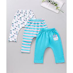 Babyhug Full Length Cotton Knit Diaper Leggings Striped And Unicorn Print Pack Of 3 - Blue White