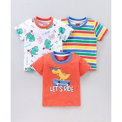 Babyhug Half Sleeves Striped T-Shirts Dino Print Pack of 3 - White Red Multicolor