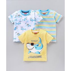 Babyhug Half Sleeves Striped T-Shirts Shark Print Pack of 3 - Multicolor