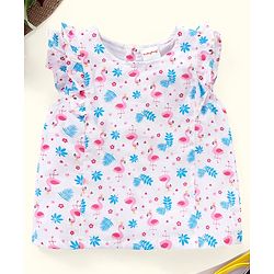 Babyhug Frill Sleeves Top Floral & Flamingo Print- White