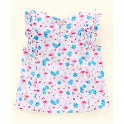 Babyhug Frill Sleeves Top Floral & Flamingo Print- White