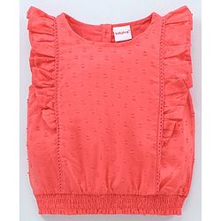Babyhug Sleeveless Swiss Dot Solid Top With Smocking & Frill Detailing - Red