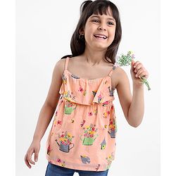 Babyhug Singlet Sleeves Rayon Woven Top With All Over Print - Peach