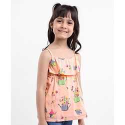 Babyhug Singlet Sleeves Rayon Woven Top With All Over Print - Peach