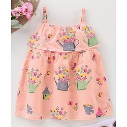Babyhug Singlet Sleeves Rayon Woven Top With All Over Print - Peach