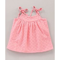 Babyhug Singlet Hakoba Embroidered Top With Gathers And Tie-Up Knot- Pink