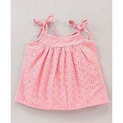 Babyhug Singlet Hakoba Embroidered Top With Gathers And Tie-Up Knot- Pink