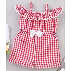 Babyhug 100% Cotton Off Shoulder Sleeves Jumpsuit Checks Print - Red