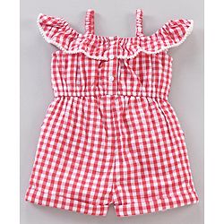 Babyhug 100% Cotton Off Shoulder Sleeves Jumpsuit Checks Print - Red