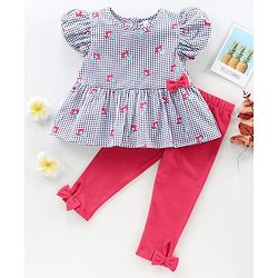 Babyhug Short Sleeves Top & Leggings Set Checks & Floral Print with Bow Applique - Pink