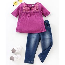 Babyhug Half Sleeves Top & Washed Jeans Embroidered & Geometric Print - Wine Blue