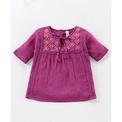 Babyhug Half Sleeves Top & Washed Jeans Embroidered & Geometric Print - Wine Blue
