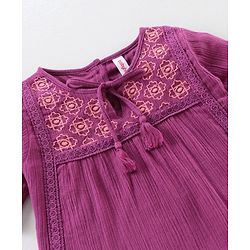 Babyhug Half Sleeves Top & Washed Jeans Embroidered & Geometric Print - Wine Blue