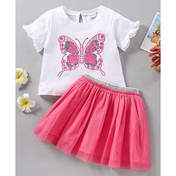 Babyhug Short Sleeves Top & Skirt Sequin Butterfly Embroidery - White Fuchsia