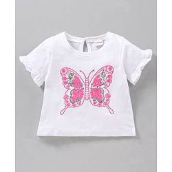 Babyhug Short Sleeves Top & Skirt Sequin Butterfly Embroidery - White Fuchsia