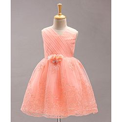 Babyhug Sleeveless Party Wear Frock Floral Appliques  - Peach