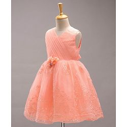 Babyhug Sleeveless Party Wear Frock Floral Appliques  - Peach