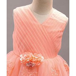 Babyhug Sleeveless Party Wear Frock Floral Appliques  - Peach