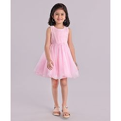 Babyhug Sleeveless Fit and Flare Embellished Party Frock with Corsage and Dots Foil Print - Pink