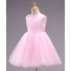 Babyhug Sleeveless Fit and Flare Embellished Party Frock with Corsage and Dots Foil Print - Pink