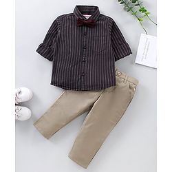 Babyhug Full Sleeves Striped Shirt & Trouser Set With Bow - Black Beige